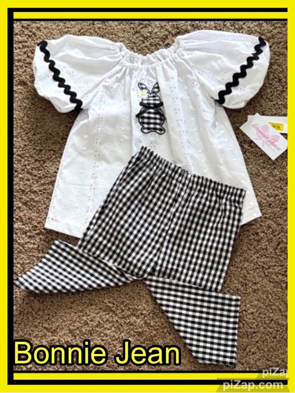 🌼 NWT ~BONNIE JEAN White Eyelet Top & Black Gingham Pants Set -Top Runs Very Big